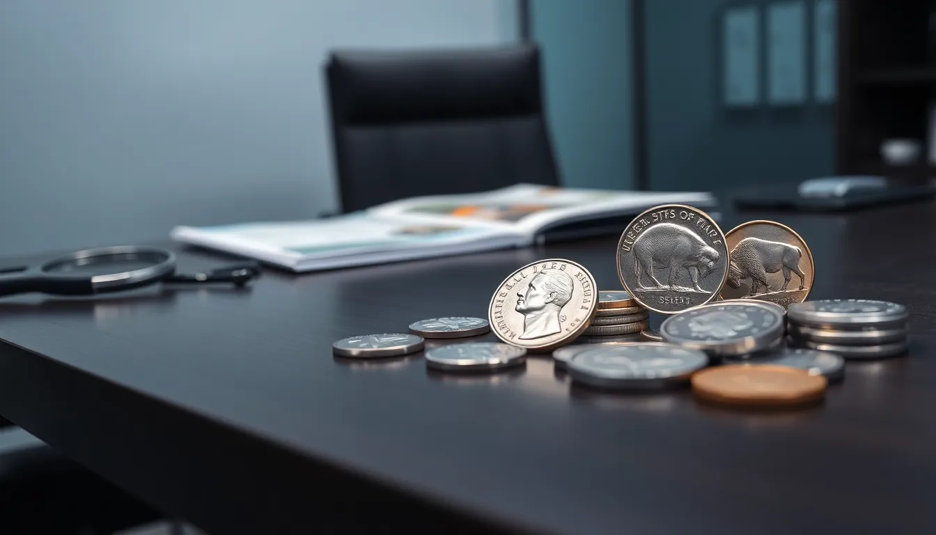 various modern and historical nickels on a polished wooden table.