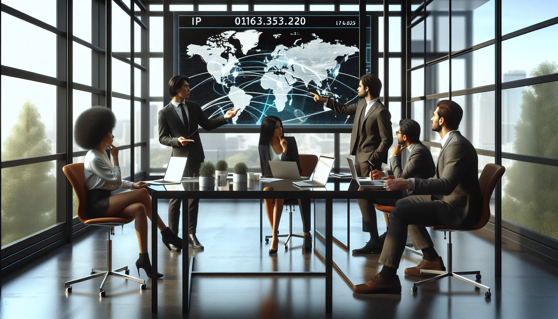 diverse IT professionals discussing IP addresses in a modern office.