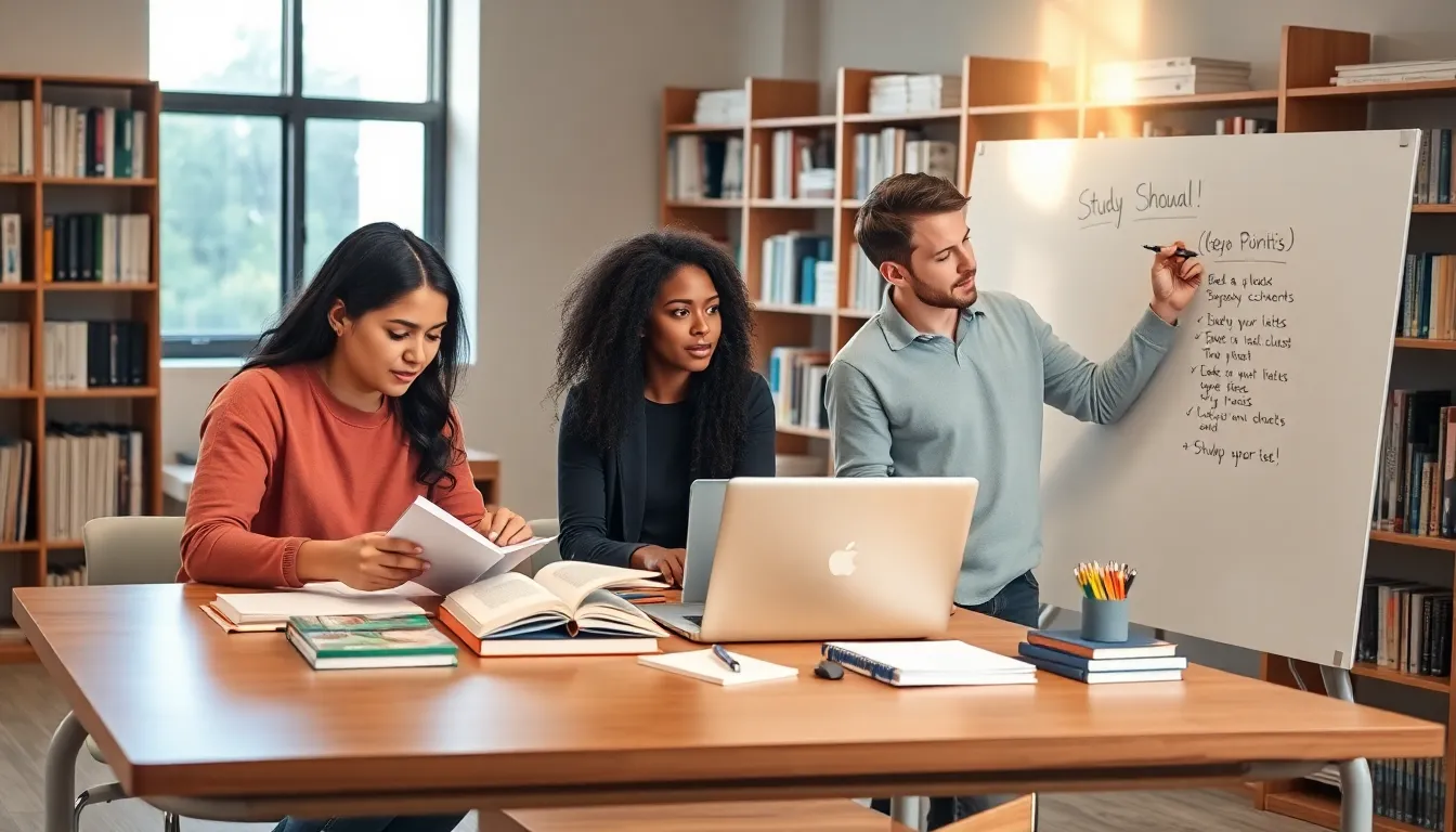 students creating a study schedule in a modern study space.