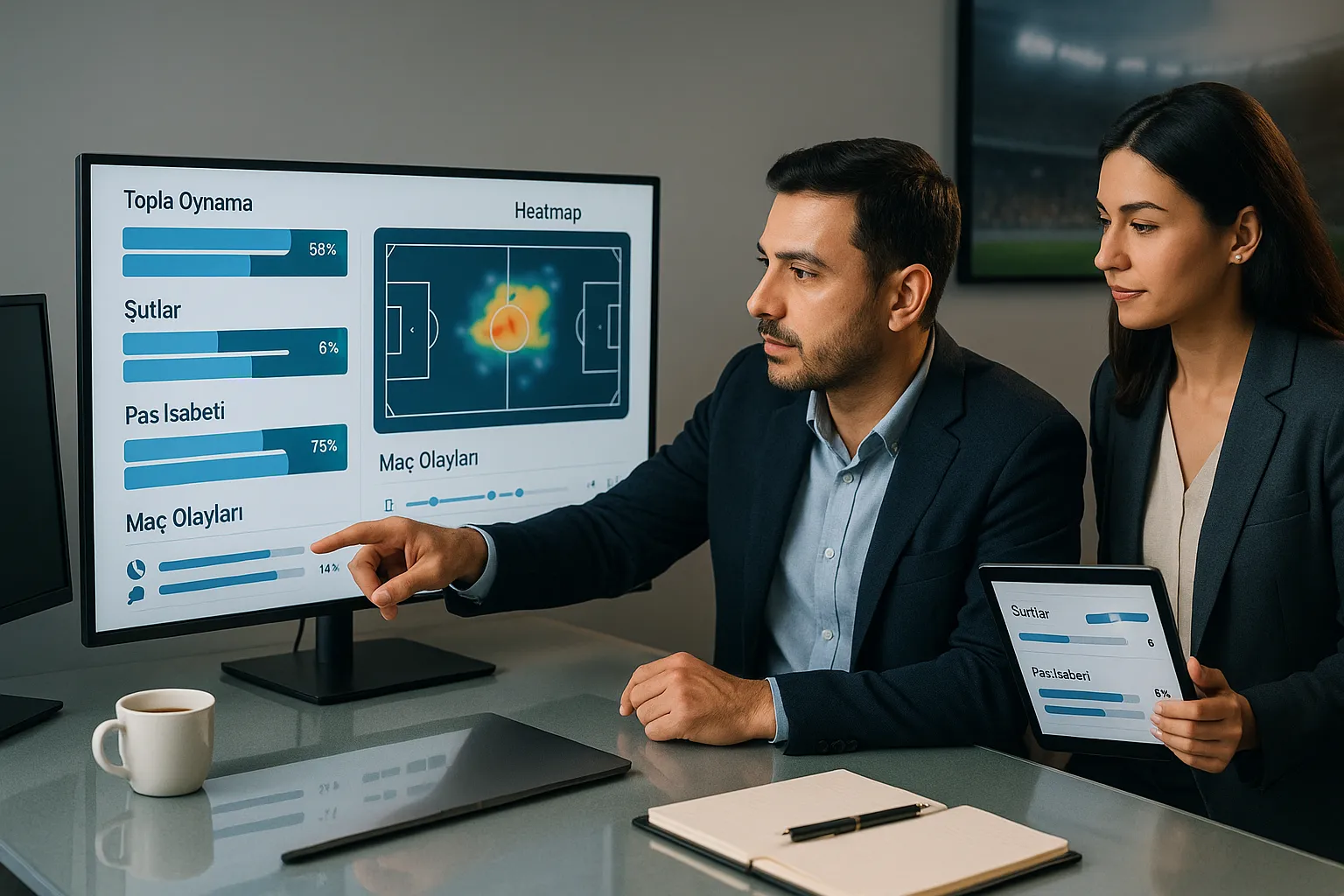 Analysts reviewing football match statistics dashboards in a modern office.