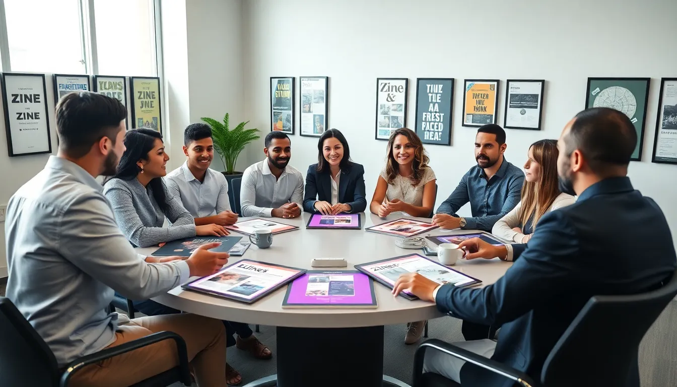 diverse team collaborating on zine production in a modern workspace.