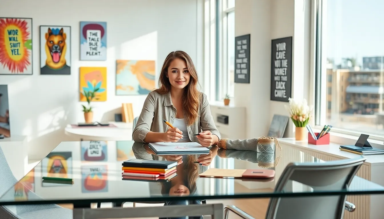 Evangelineh88 drawing in a modern workspace filled with artwork.