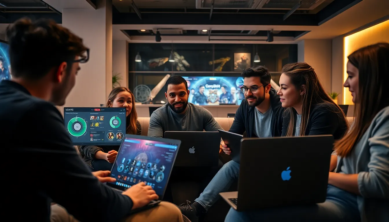 diverse gamers learning strategies in a modern gaming lounge.