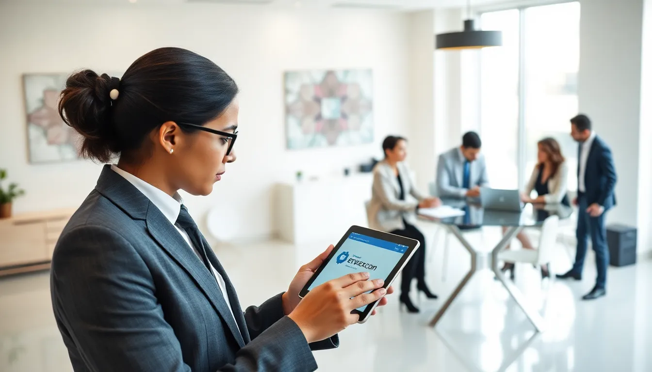 business professionals engaging with digital tools in a modern office.