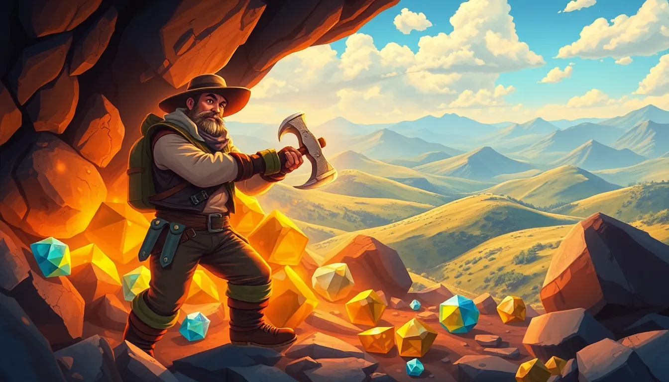 character mining ores in a fantasy landscape.