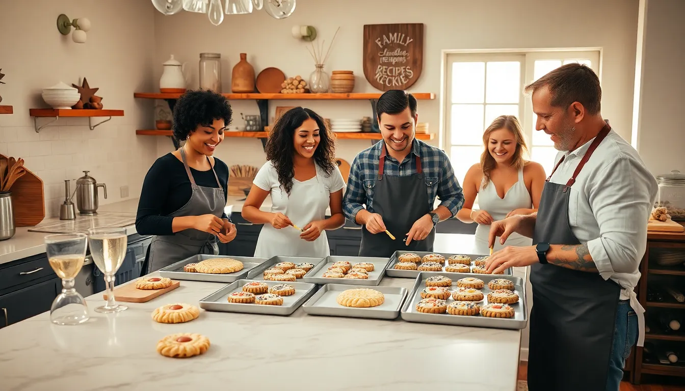 diverse bakers creating cookies in a warm kitchen setting.
