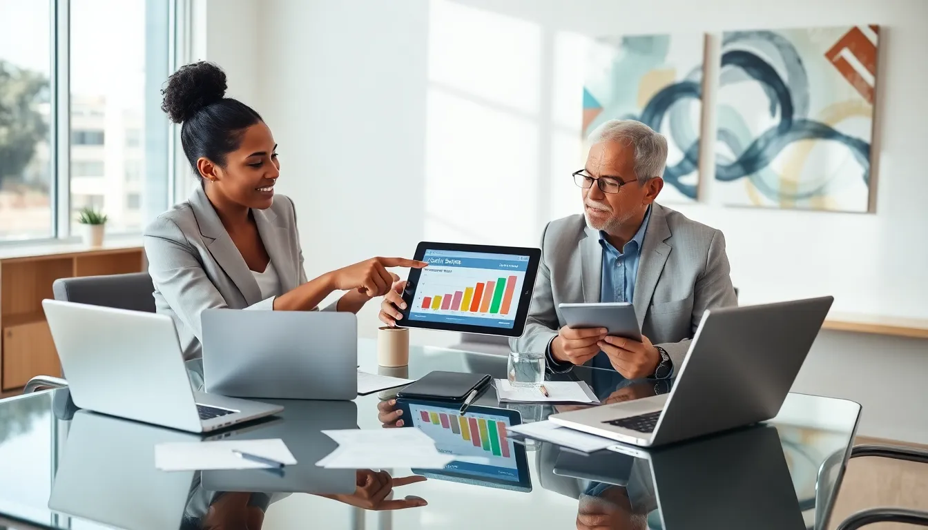 financial advisors discussing credit scores in a modern office.