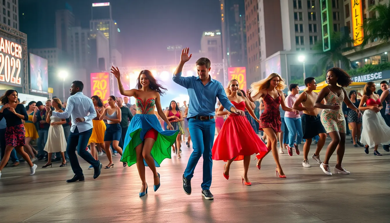 diverse dancers celebrating in a lively urban nightlife scene.