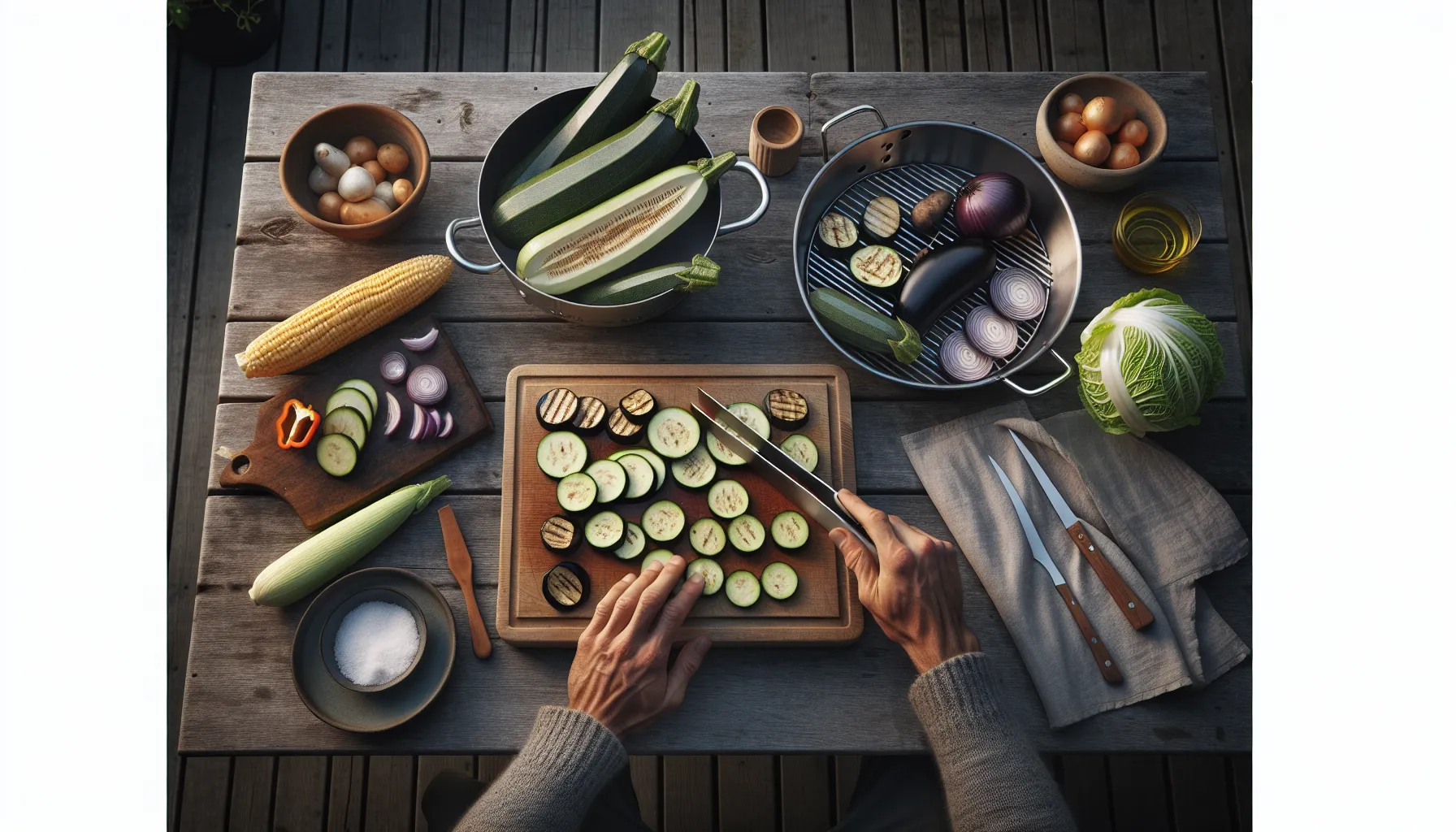 Hands drying sliced vegetables before grilling on a norwegian patio.