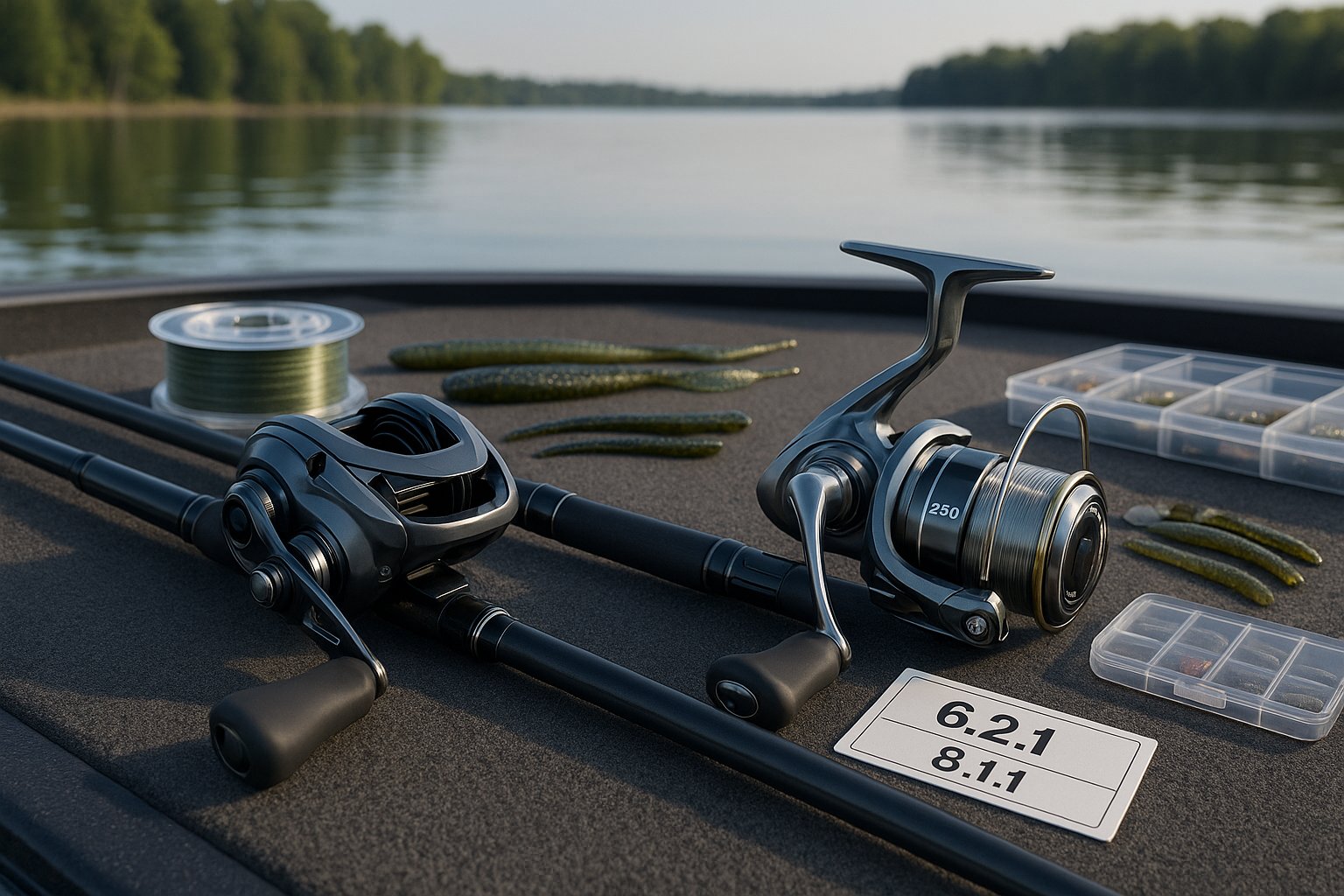 Bass fishing reels and rods comparing reel size and gear ratio.