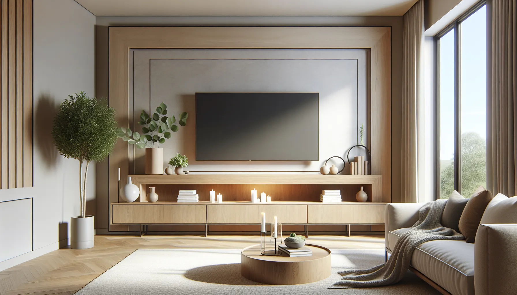 modern living room with a sleek hearth console and functional decor.