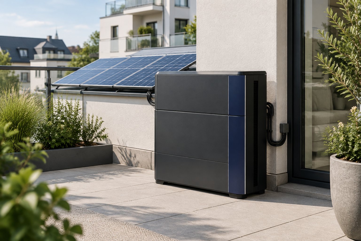 Neutral dargestellter Batteriespeicher neben Solarmodulen auf einer modernen Terrasse