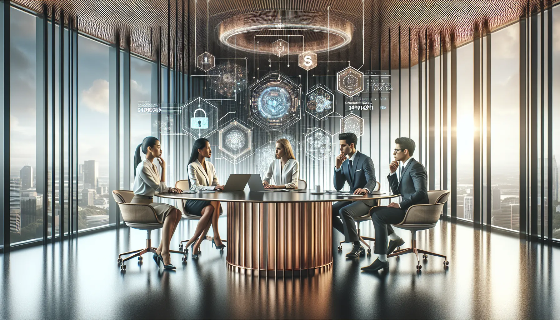 diverse cybersecurity team discussing data protection in a modern office.