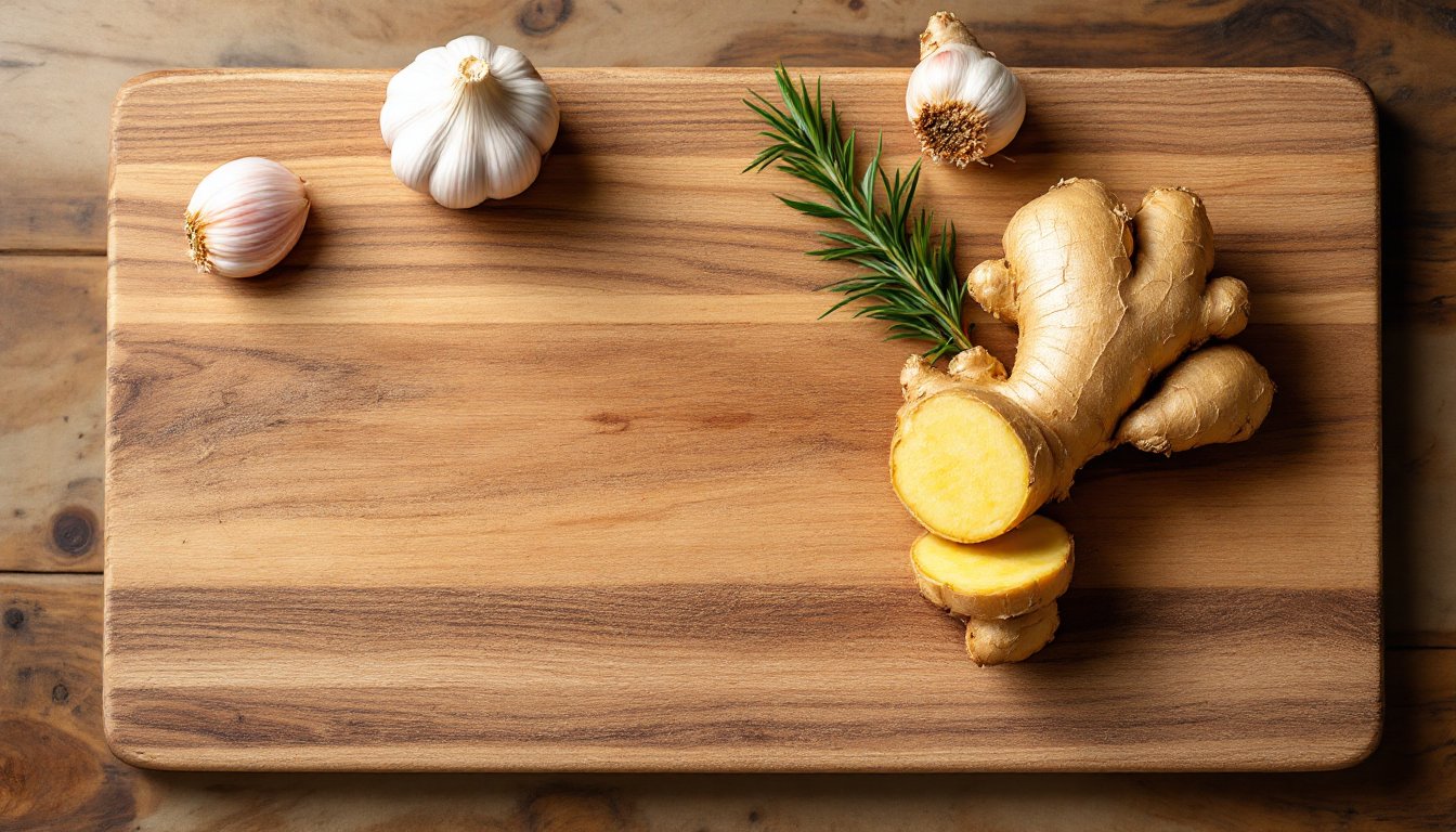 Fresh garlic, ginger, and turmeric on a cutting board with golden soup nearby.