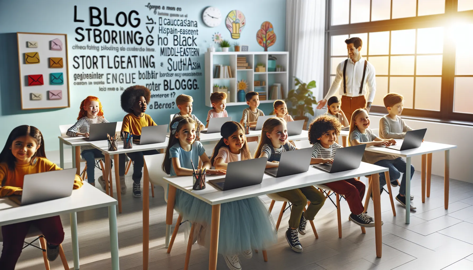 children engaging in a blogging workshop in a bright classroom.
