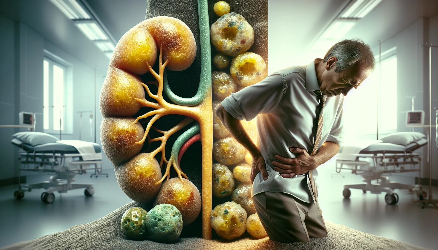 A man showing pain, alongside kidney stones and gallstones.