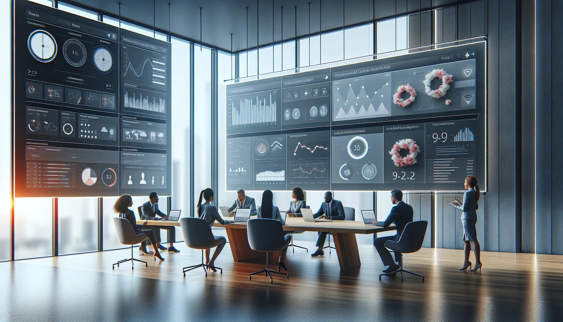 diverse team collaborating in a modern office with a centralized dashboard.