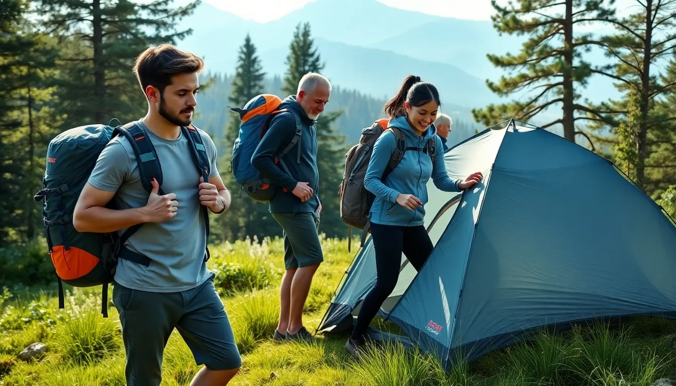diverse hikers using lightweight outdoor gear in nature.