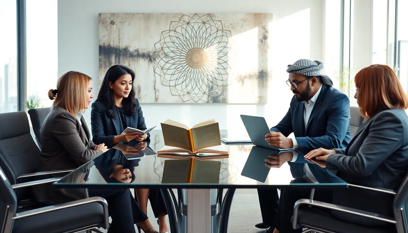 diverse professionals discussing Theosophy in a modern office.