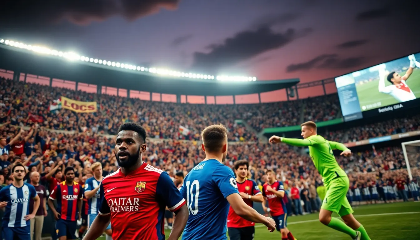 a vibrant football stadium filled with diverse fans and action on the field.