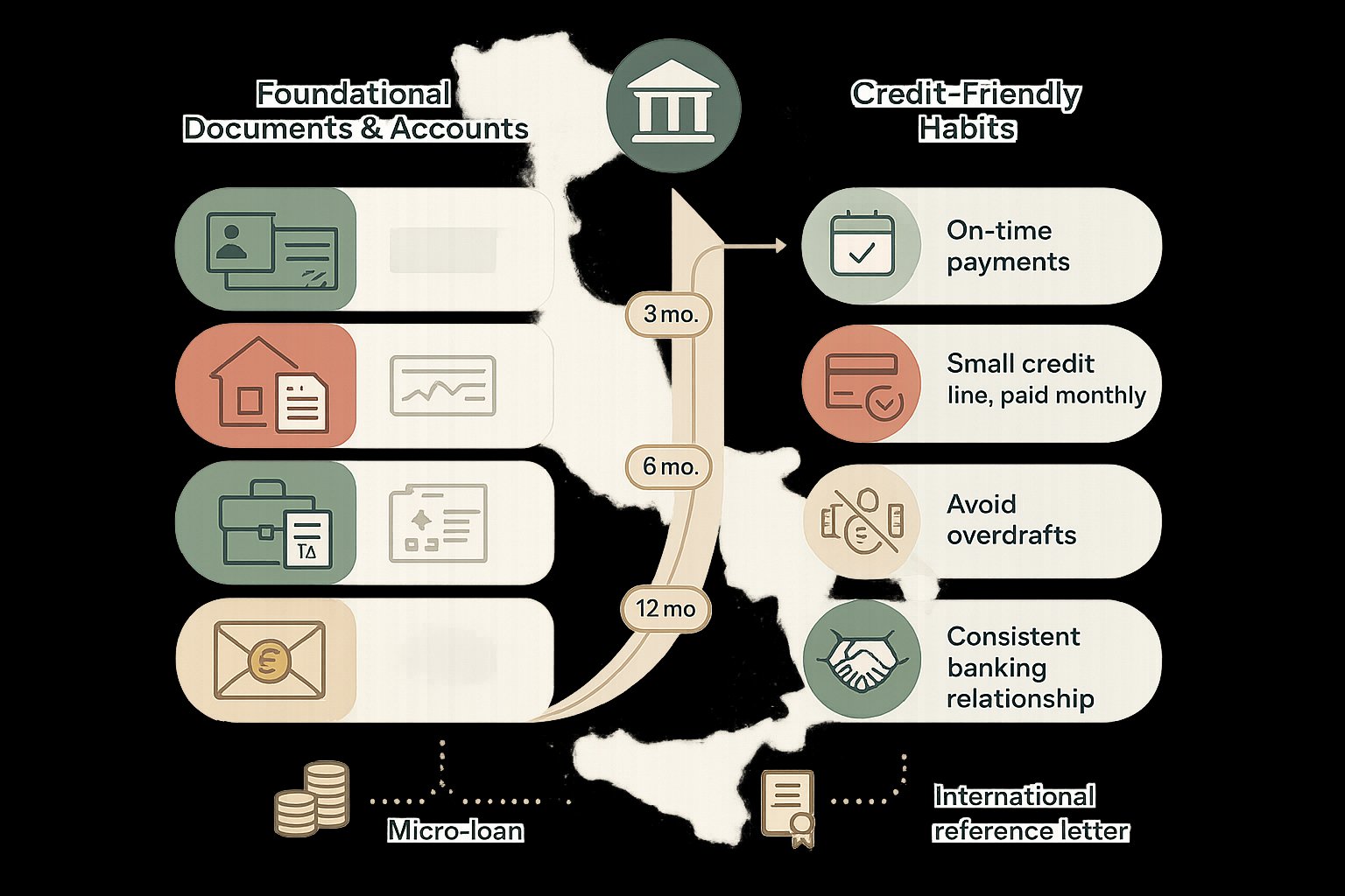Infografica che mostra documenti, abitudini e passi per costruire il credito in Italia.
