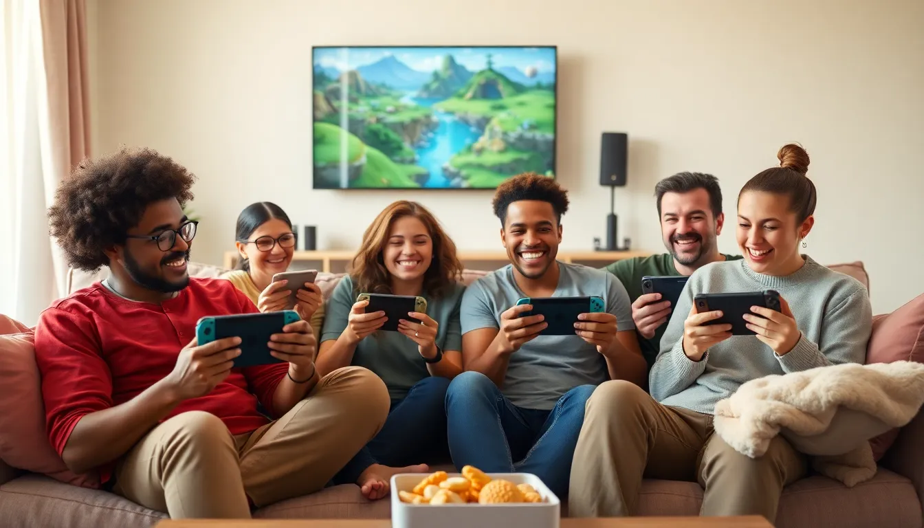 diverse group of gamers enjoying adventure games on Nintendo Switch.