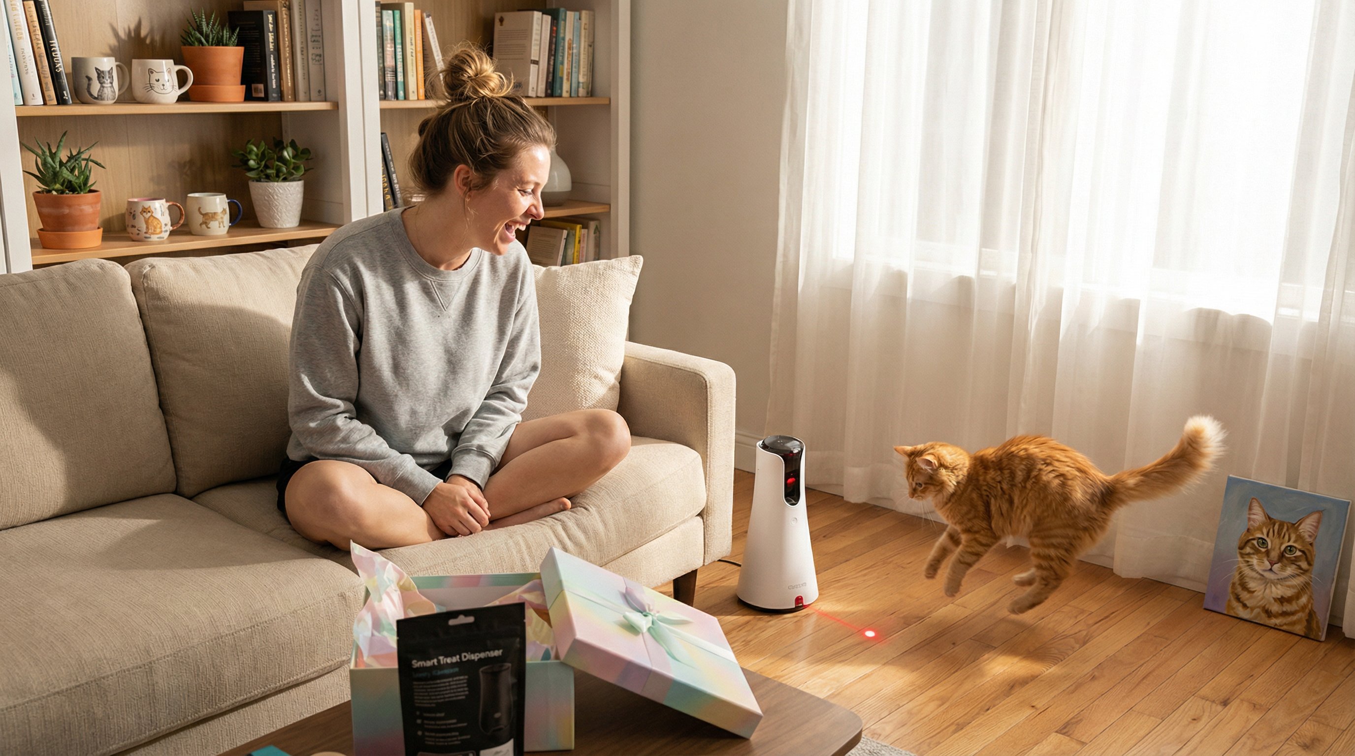 Woman laughing as her cat chases a laser pointer beside birthday gifts.