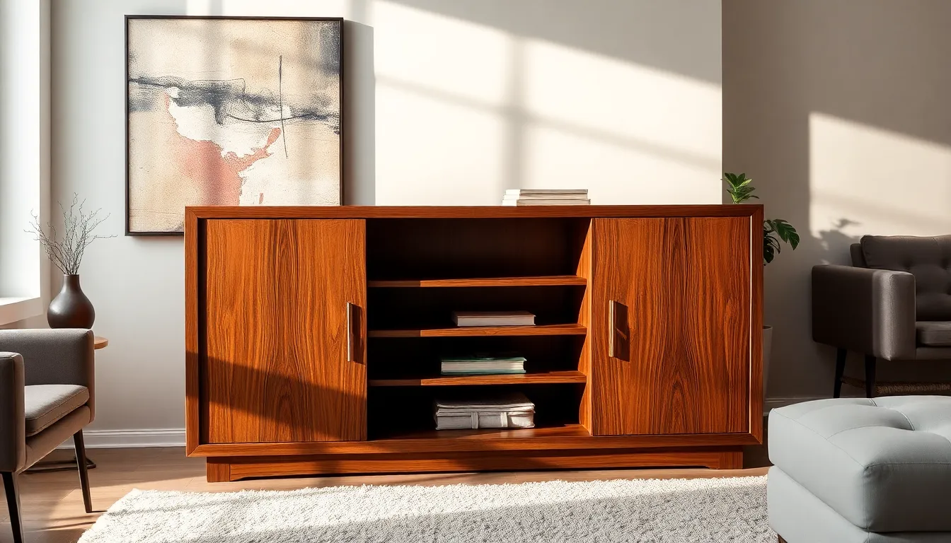 elegant wooden storage cabinet in a modern living room.