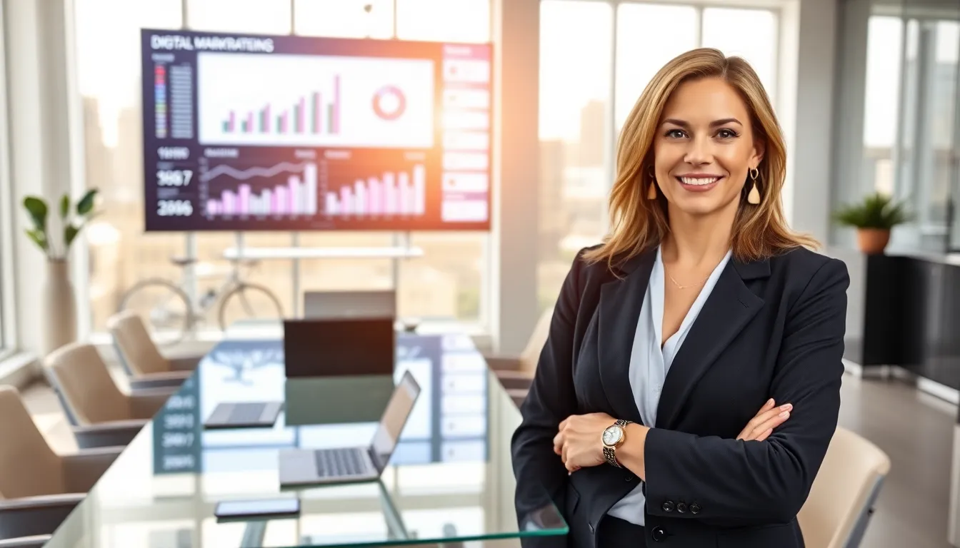 Ann Anderson in a modern office, showcasing digital marketing success.