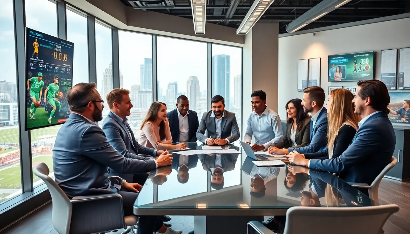 diverse team brainstorming in a modern sports-focused office.