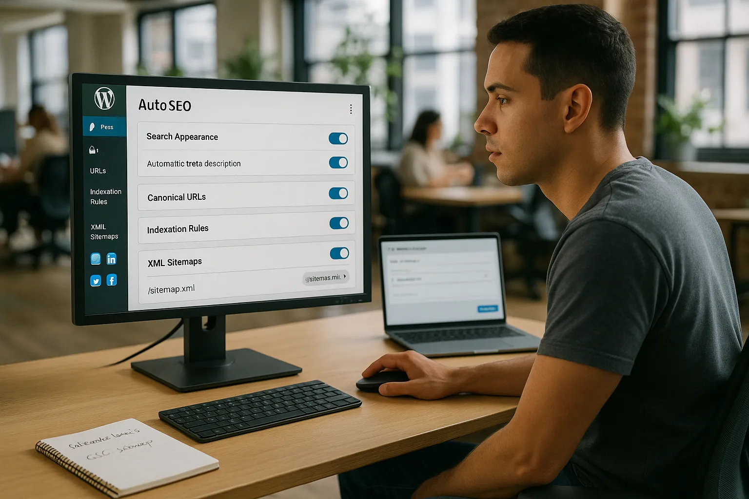 Marketer configuring auto SEO settings in a WordPress dashboard on a desktop screen.