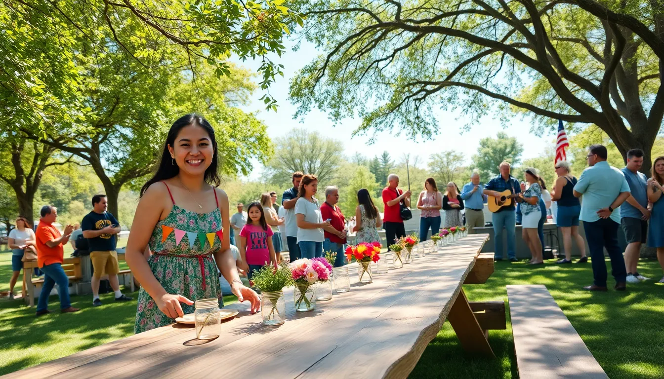 A diverse group of people enjoying a colorful community event in a park.