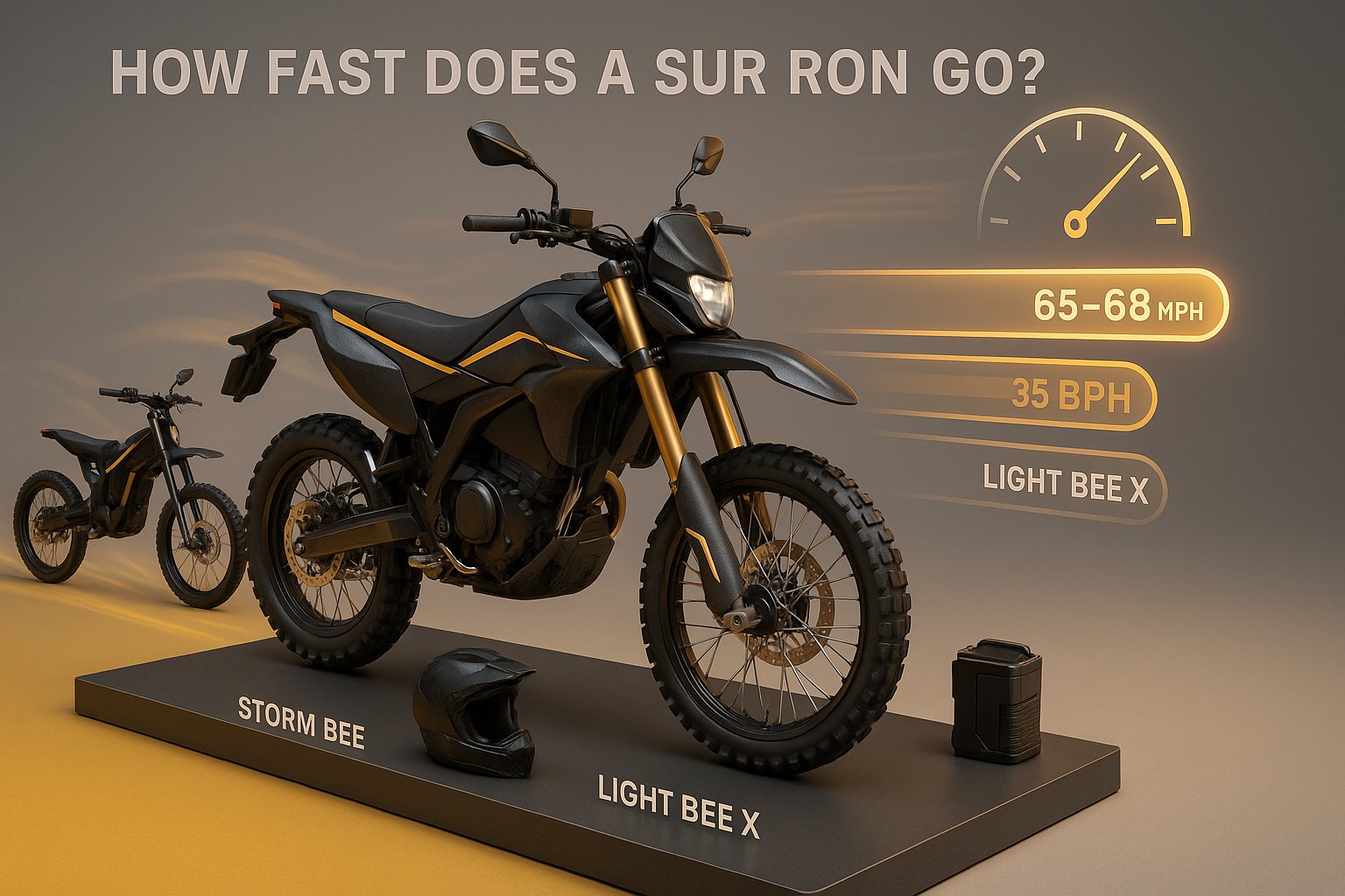 3D render of a Storm Bee Sur Ron with speedometer bars comparing top speeds.