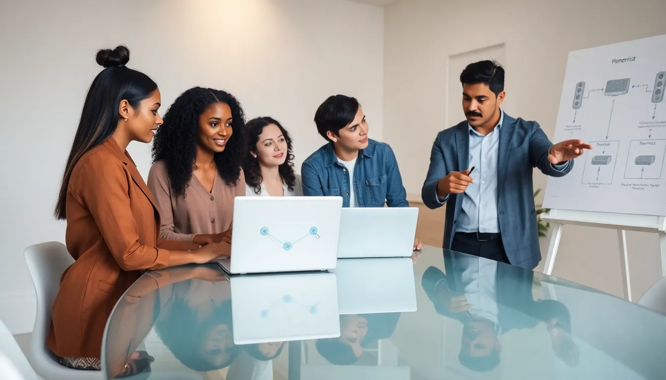 diverse team discussing home networking technology in a modern office.