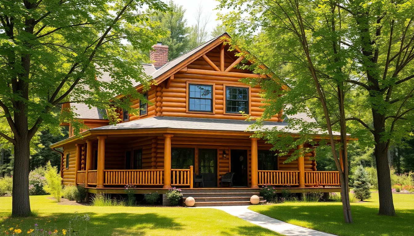 a log home with a wrap-around porch surrounded by nature.