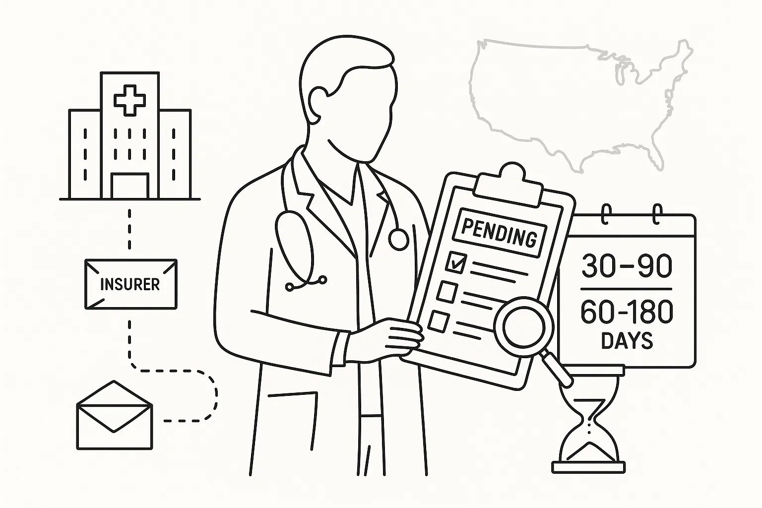 PA holding a clipboard labeled pending with calendar, hourglass, and hospital icons.