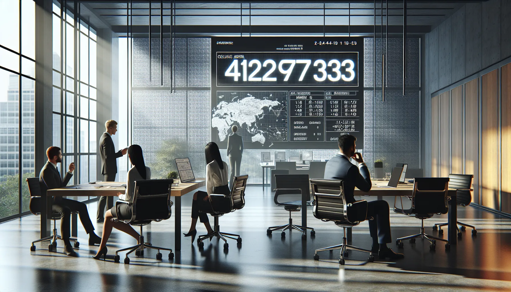 Professionals analyzing the number 4124971333 in a modern office.