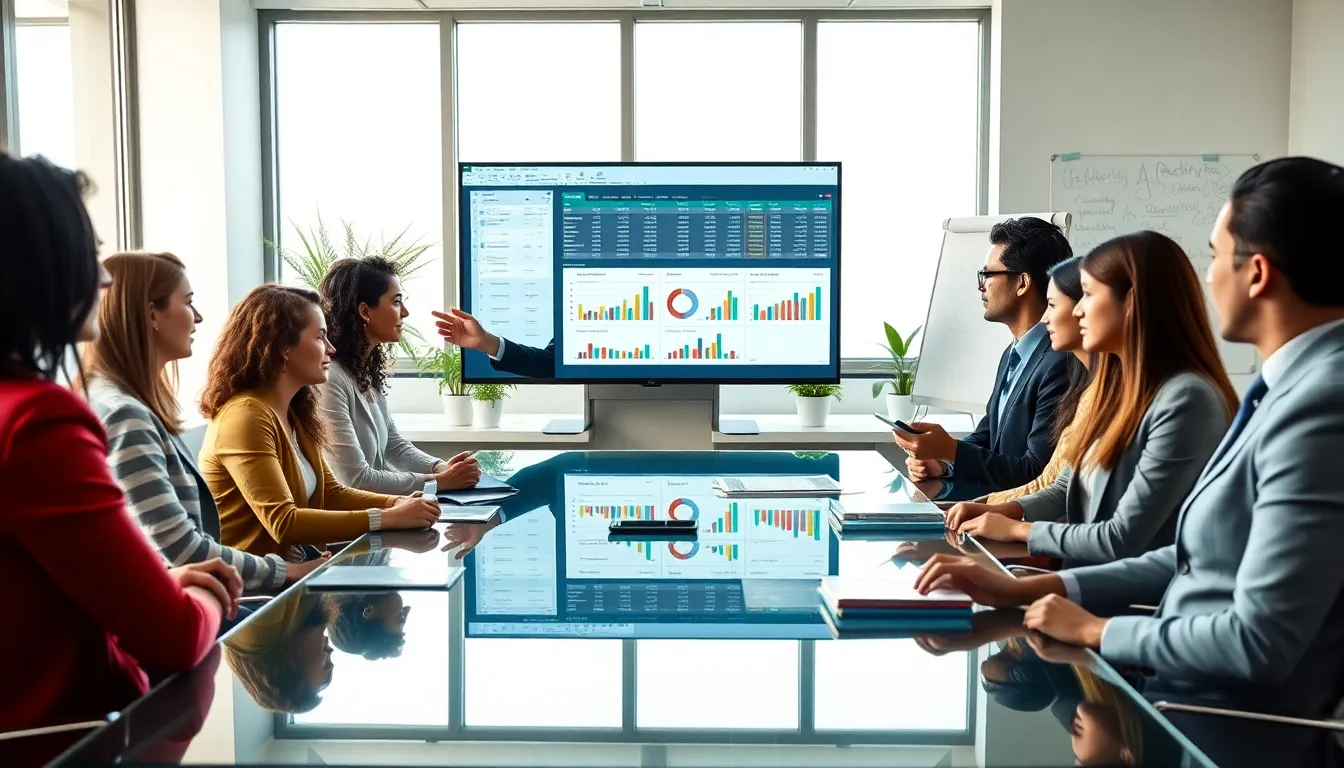 diverse professionals learning Excel productivity hacks in a modern office.