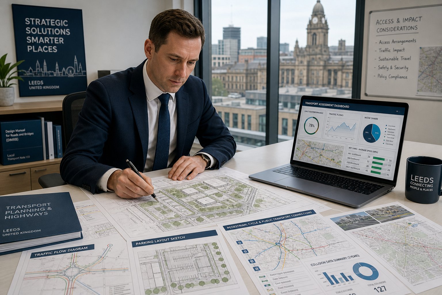 Traffic engineer reviewing transport plans for a Leeds development project.