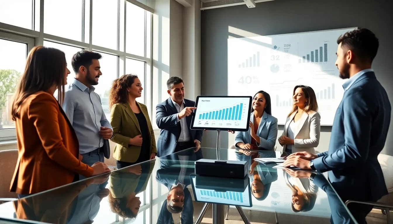 diverse team discussing wealth building accounts in a modern office.