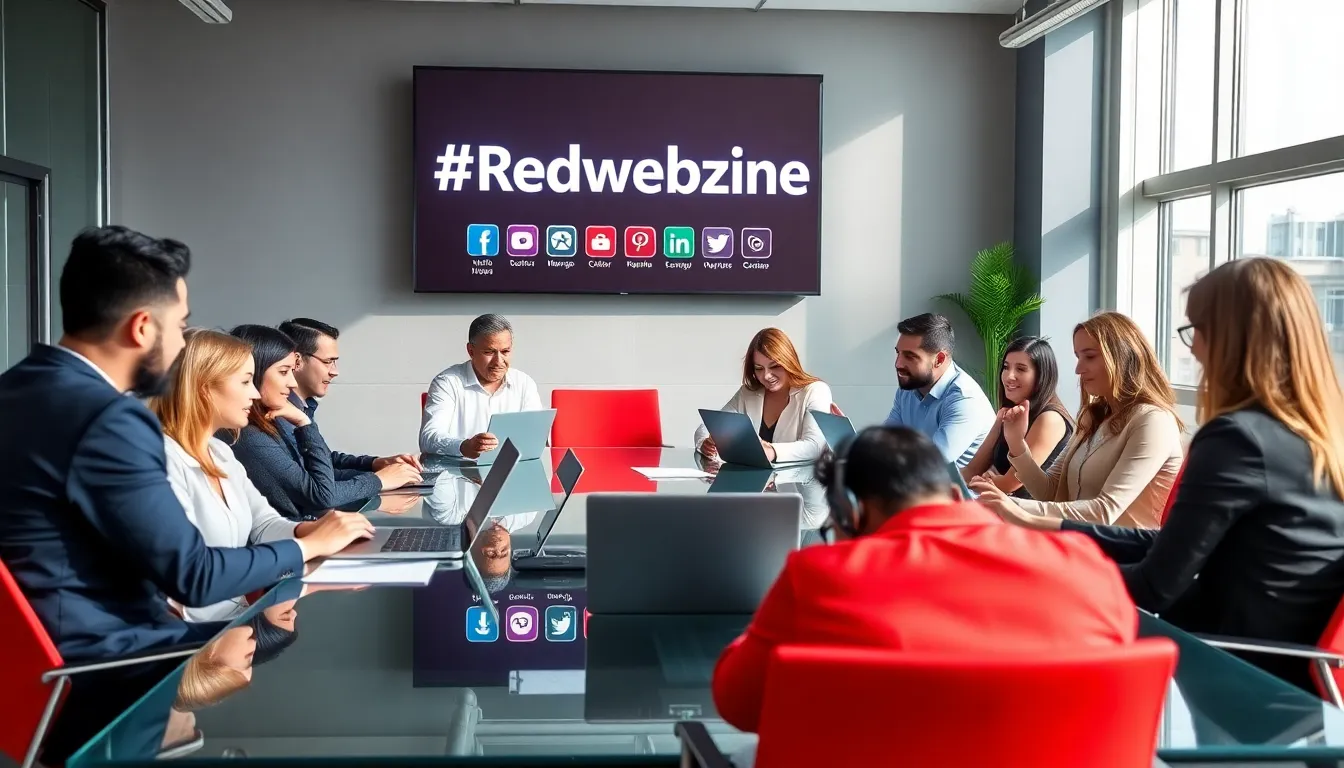 diverse professionals discussing digital media in a modern office.