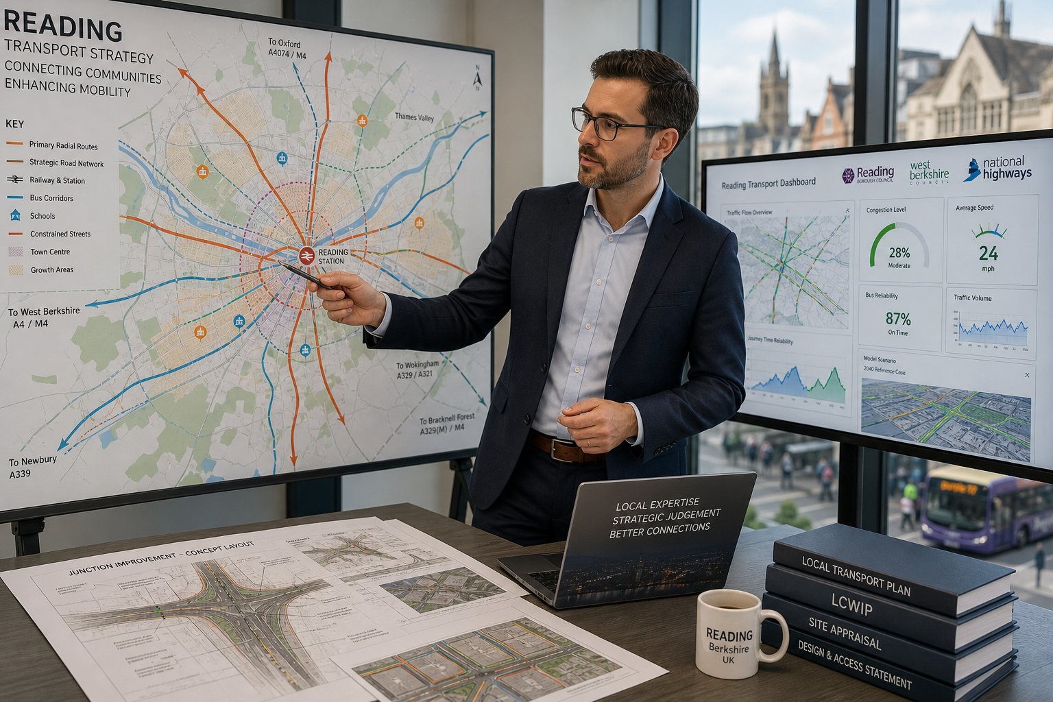 Traffic engineer reviewing Reading transport plans and local traffic data.