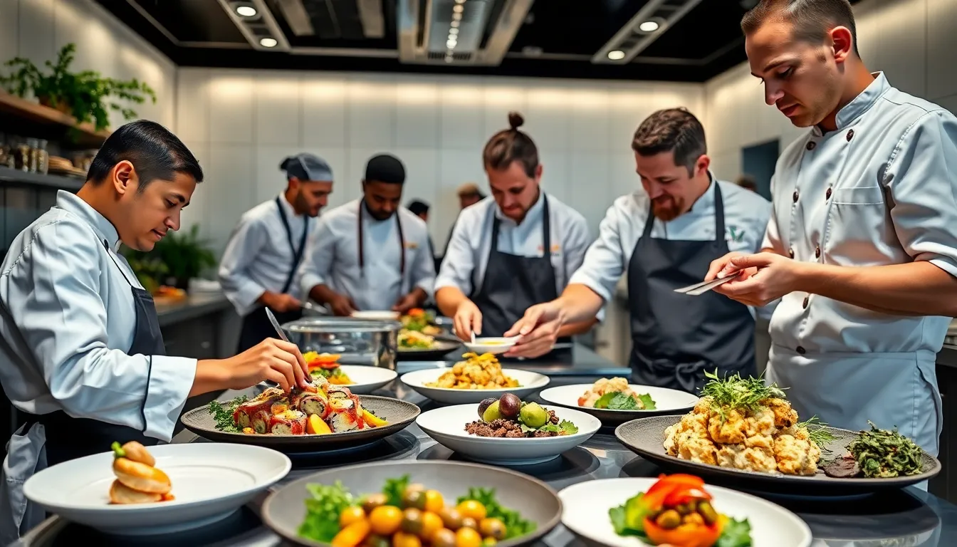 chefs preparing innovative plant-based dishes in a modern restaurant.