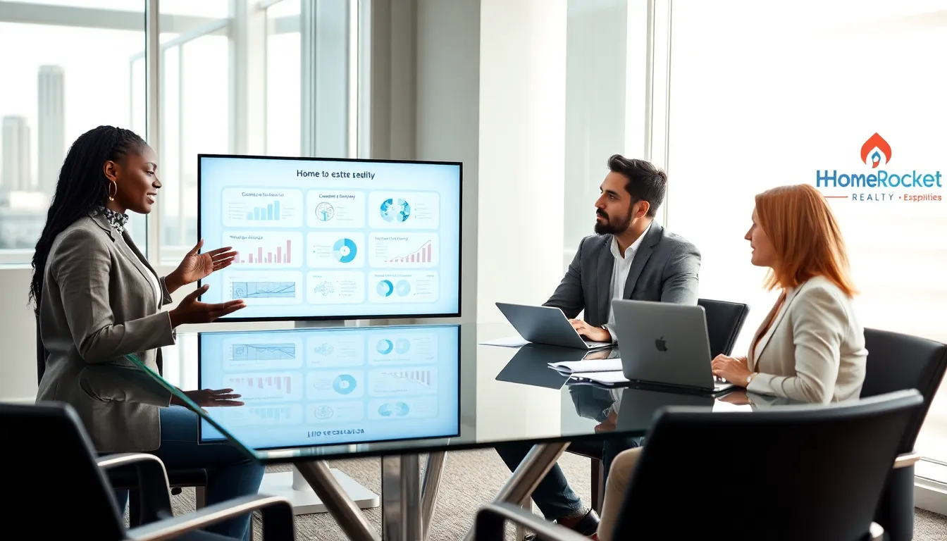 diverse real estate team discussing strategies in a modern office.