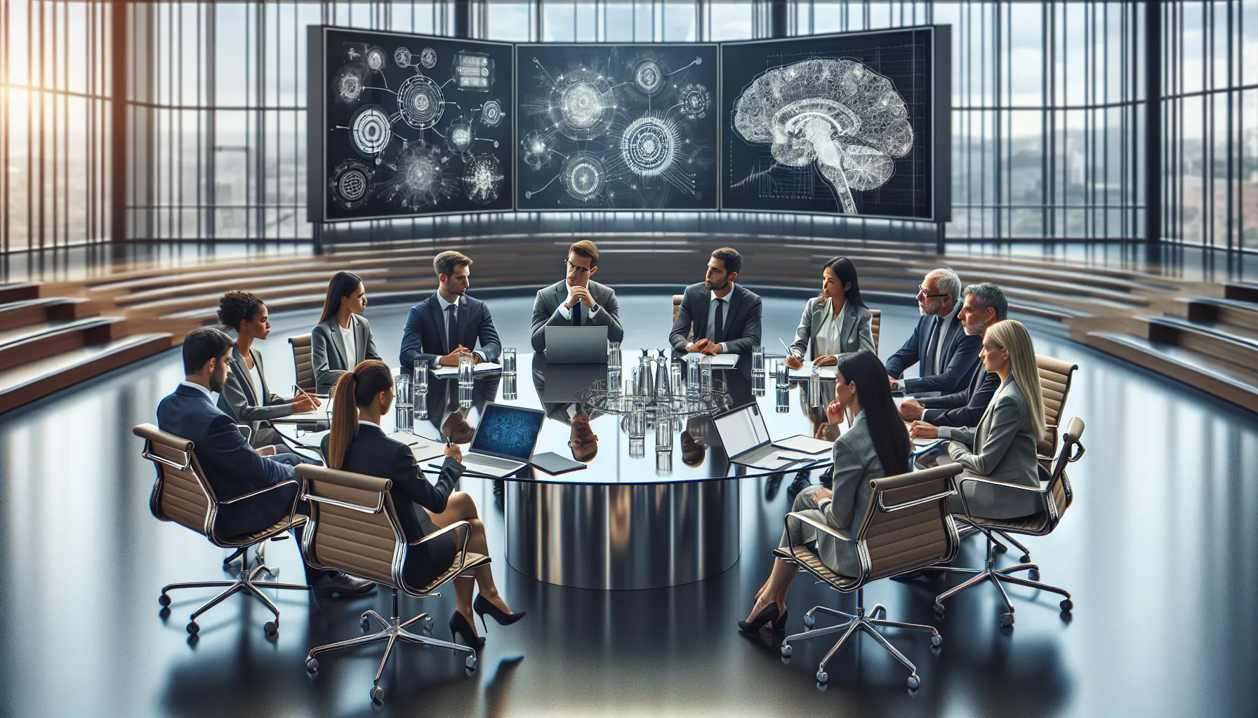 diverse professionals discussing cognitive science in a modern conference setting.