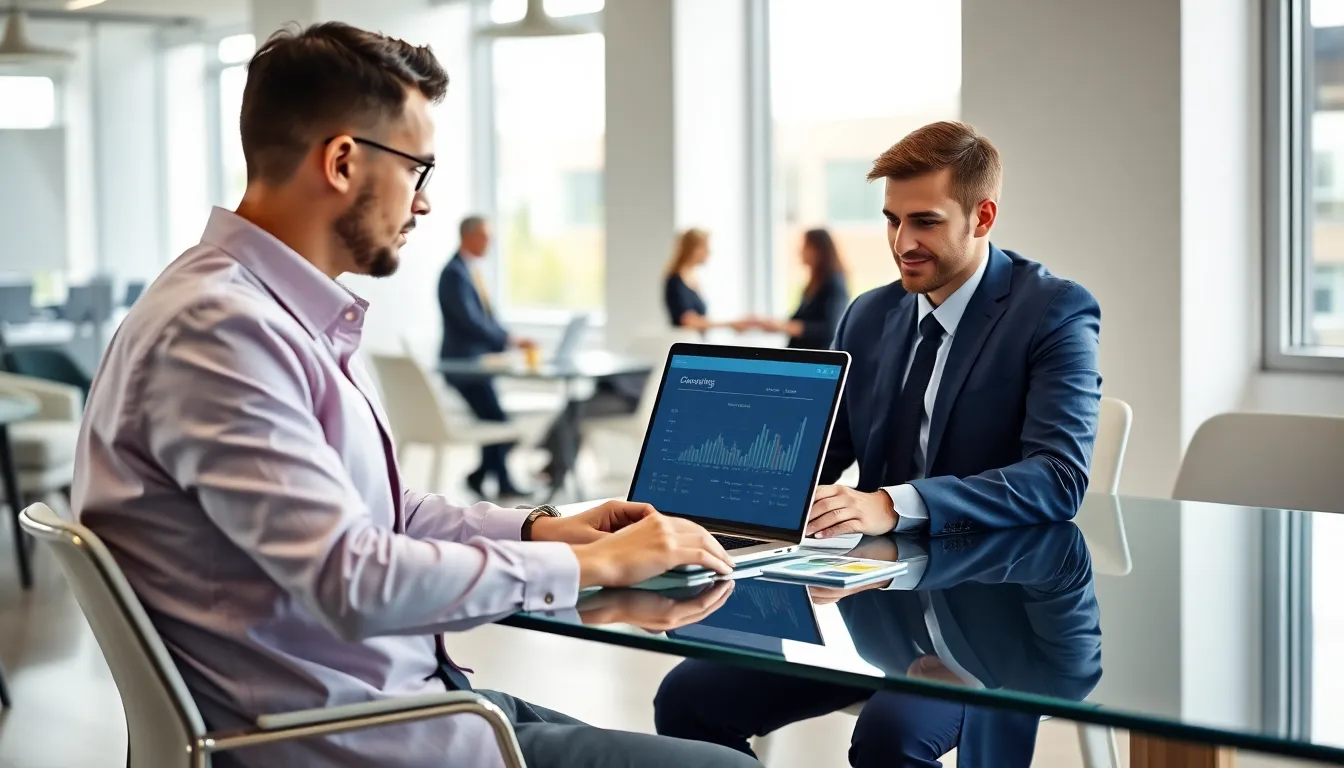Accountant using cloud accounting software in a modern office.