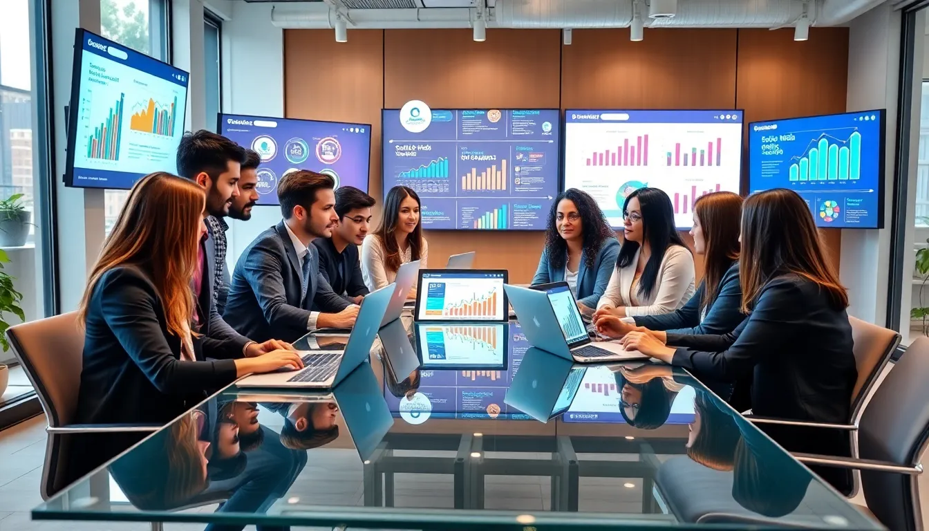 diverse professionals discussing social media growth in a modern office.