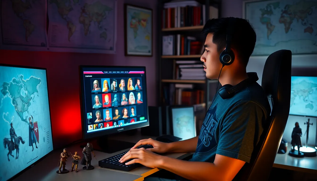 A gamer customizing characters for Crusader Kings II on a computer.