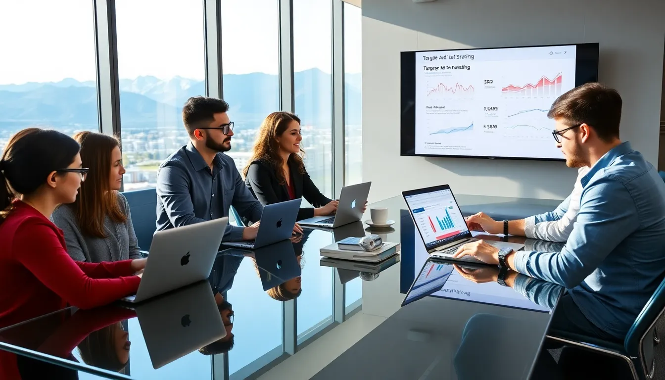 diverse marketing team collaborating on Google Ads strategies in an office setting.