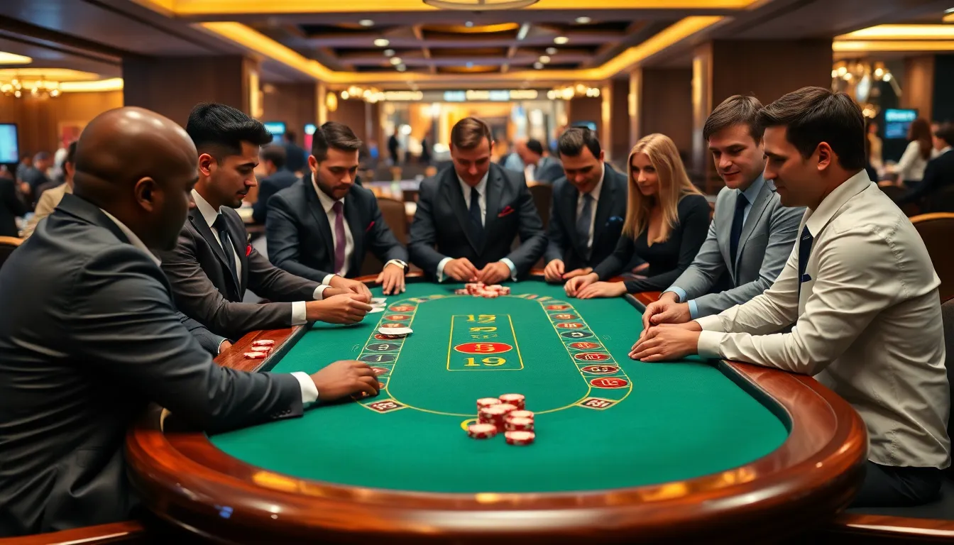 diverse players engaged around a casino table in a modern setting.